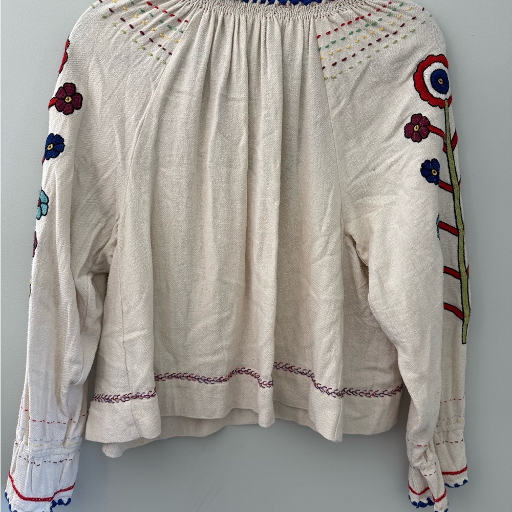 Ulla Johnson Cream Embroidered Boho Peasant Top with Multicolor Tassels - Picture 3 of 4